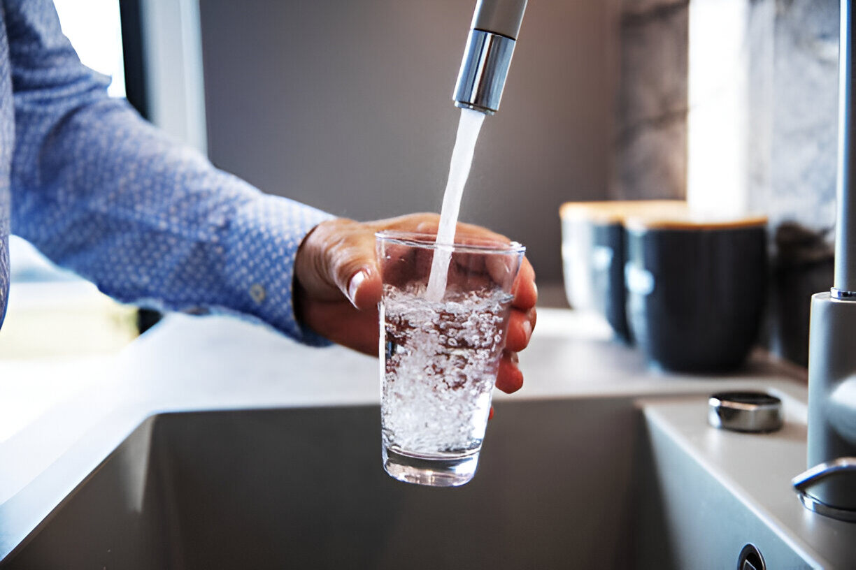 male hand pouring a glass of water from tap in the kitchen sink